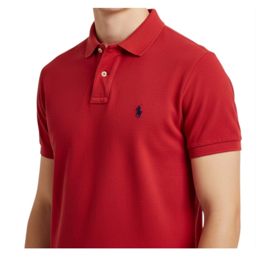 Y2K RALPH LAUREN POLO Custom Fit Polo Shirt SMOOTH KNIT Red w/Navy Pony Logo L